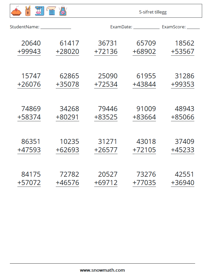 (25) 5-sifret tillegg MathWorksheets 15