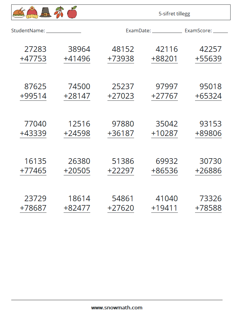 (25) 5-sifret tillegg MathWorksheets 17