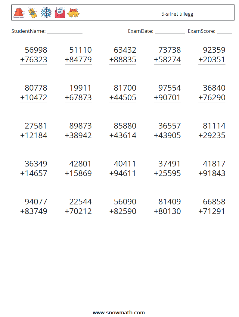 (25) 5-sifret tillegg MathWorksheets 2