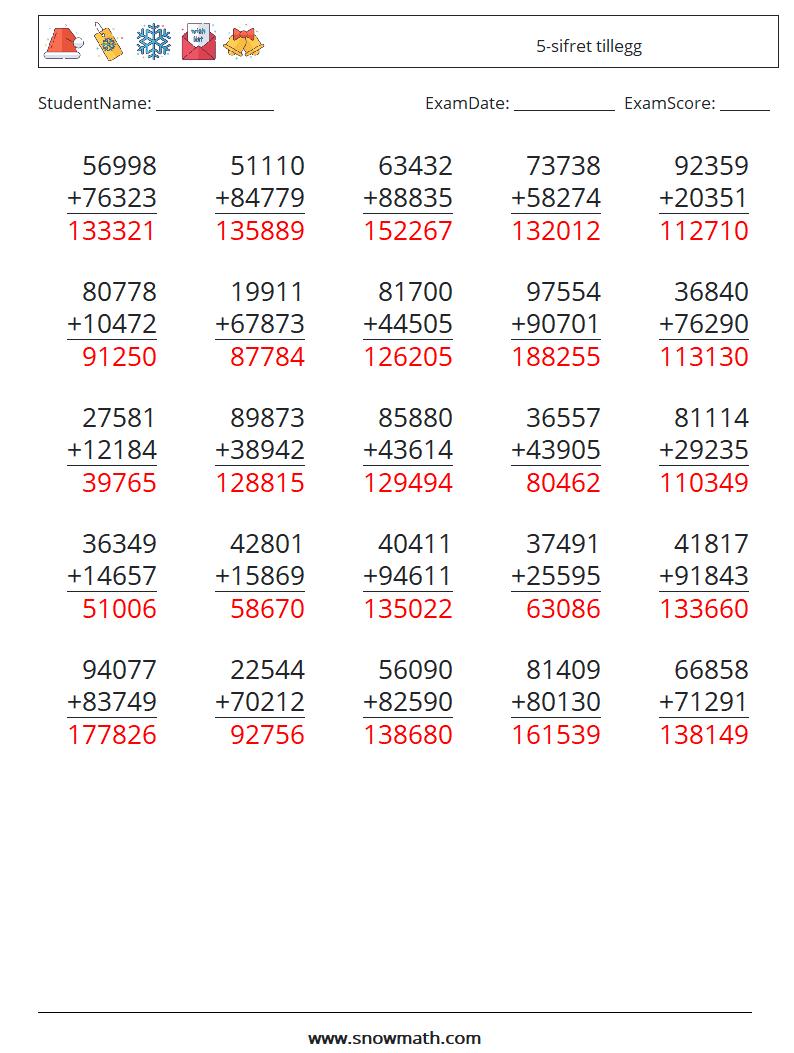 (25) 5-sifret tillegg MathWorksheets 2 QuestionAnswer
