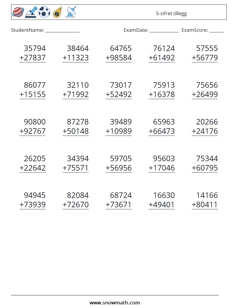 (25) 5-sifret tillegg MathWorksheets 3