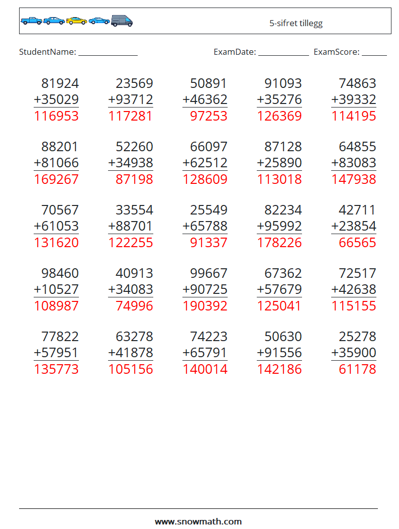 (25) 5-sifret tillegg MathWorksheets 4 QuestionAnswer