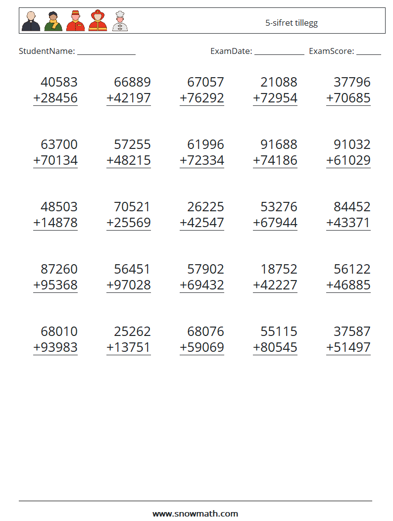 (25) 5-sifret tillegg MathWorksheets 5