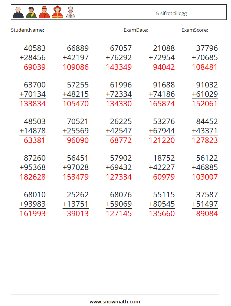 (25) 5-sifret tillegg MathWorksheets 5 QuestionAnswer