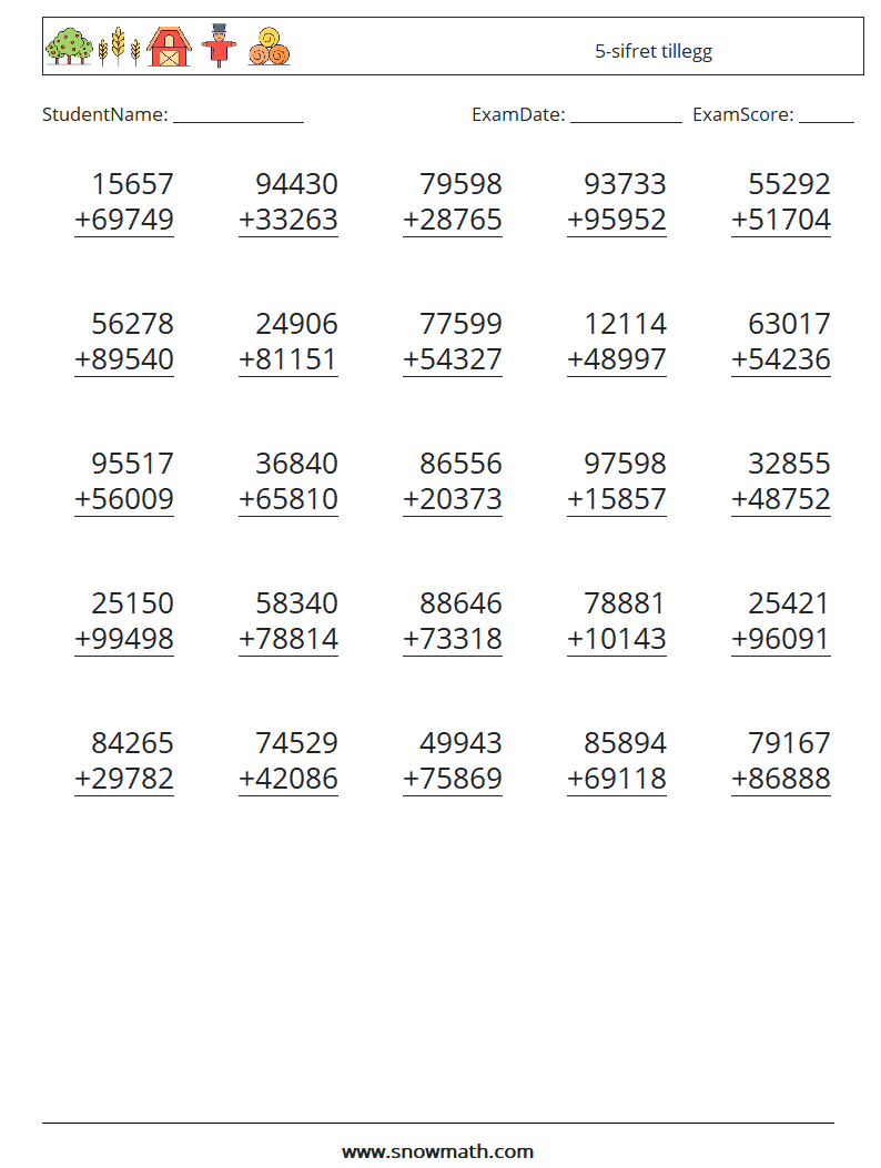 (25) 5-sifret tillegg MathWorksheets 7