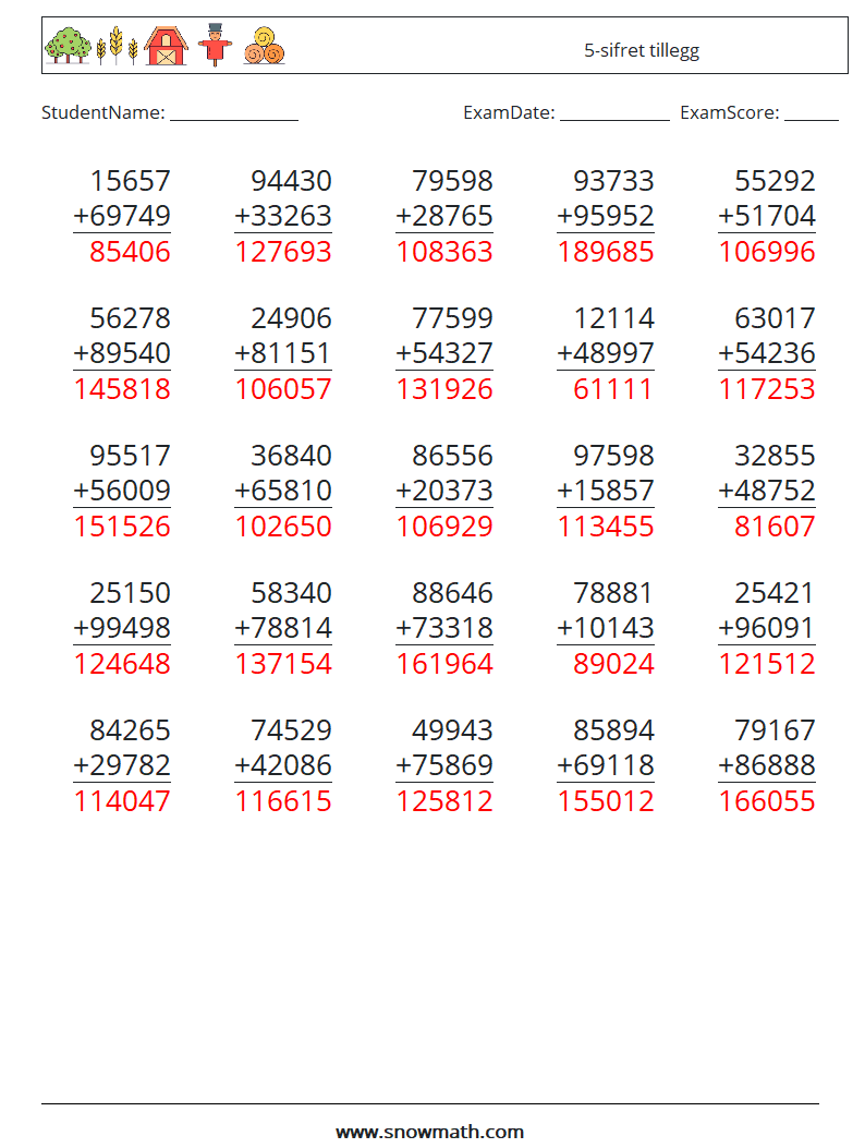 (25) 5-sifret tillegg MathWorksheets 7 QuestionAnswer