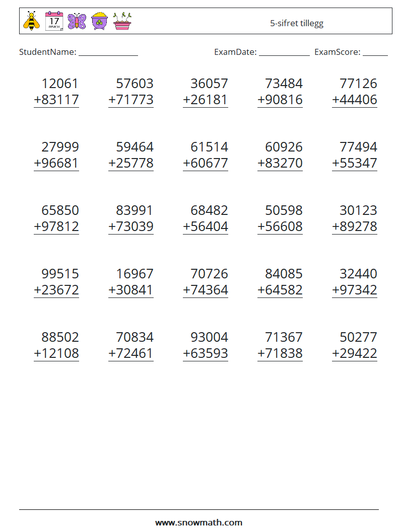 (25) 5-sifret tillegg MathWorksheets 8