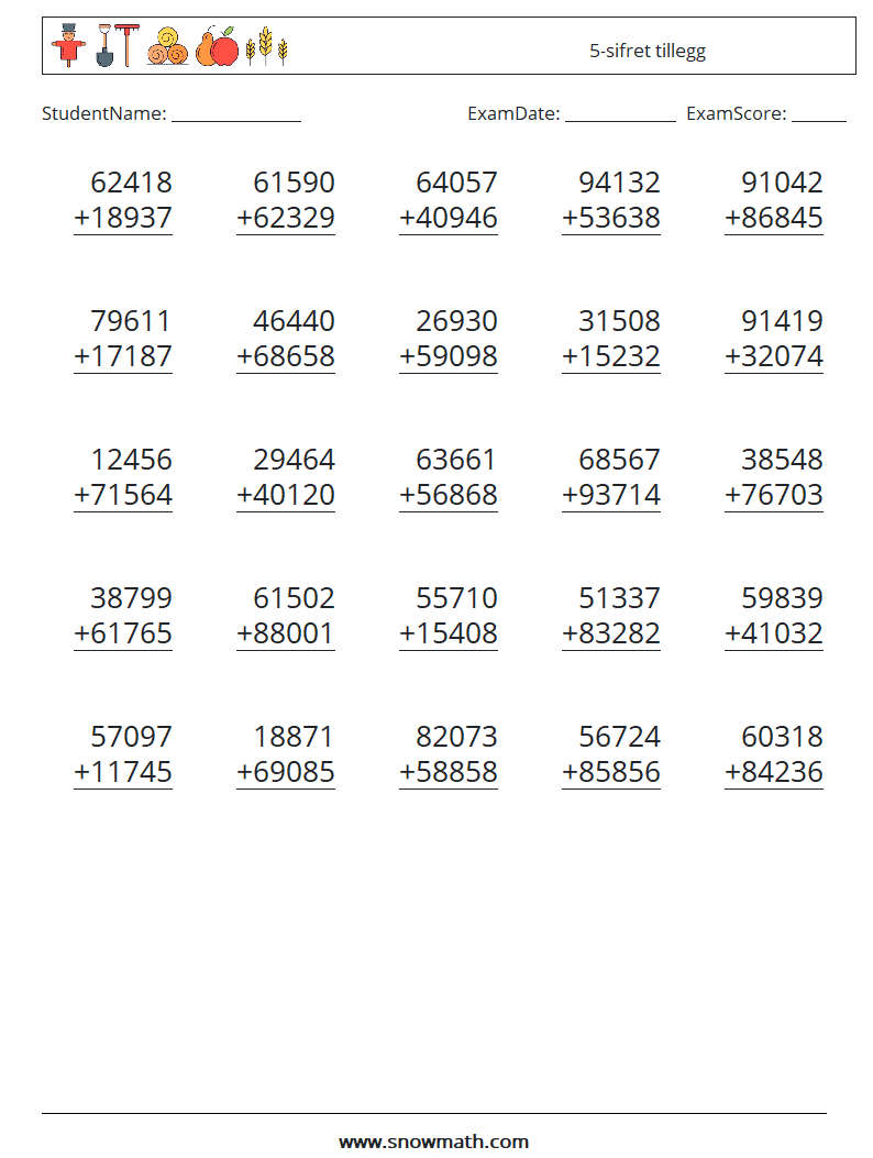 (25) 5-sifret tillegg MathWorksheets 9