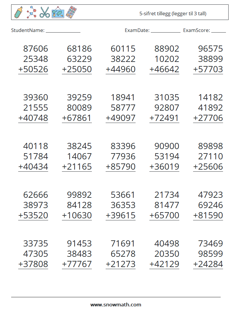 (25) 5-sifret tillegg (legger til 3 tall) MathWorksheets 1