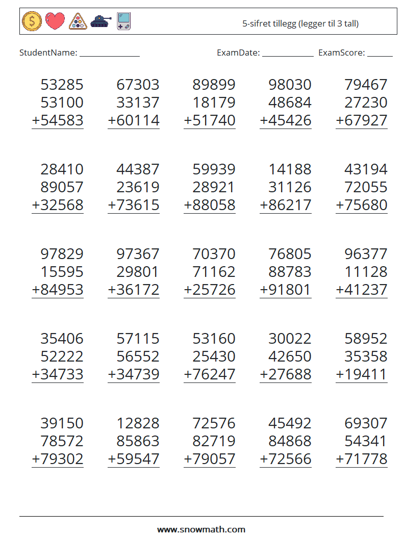 (25) 5-sifret tillegg (legger til 3 tall) MathWorksheets 10