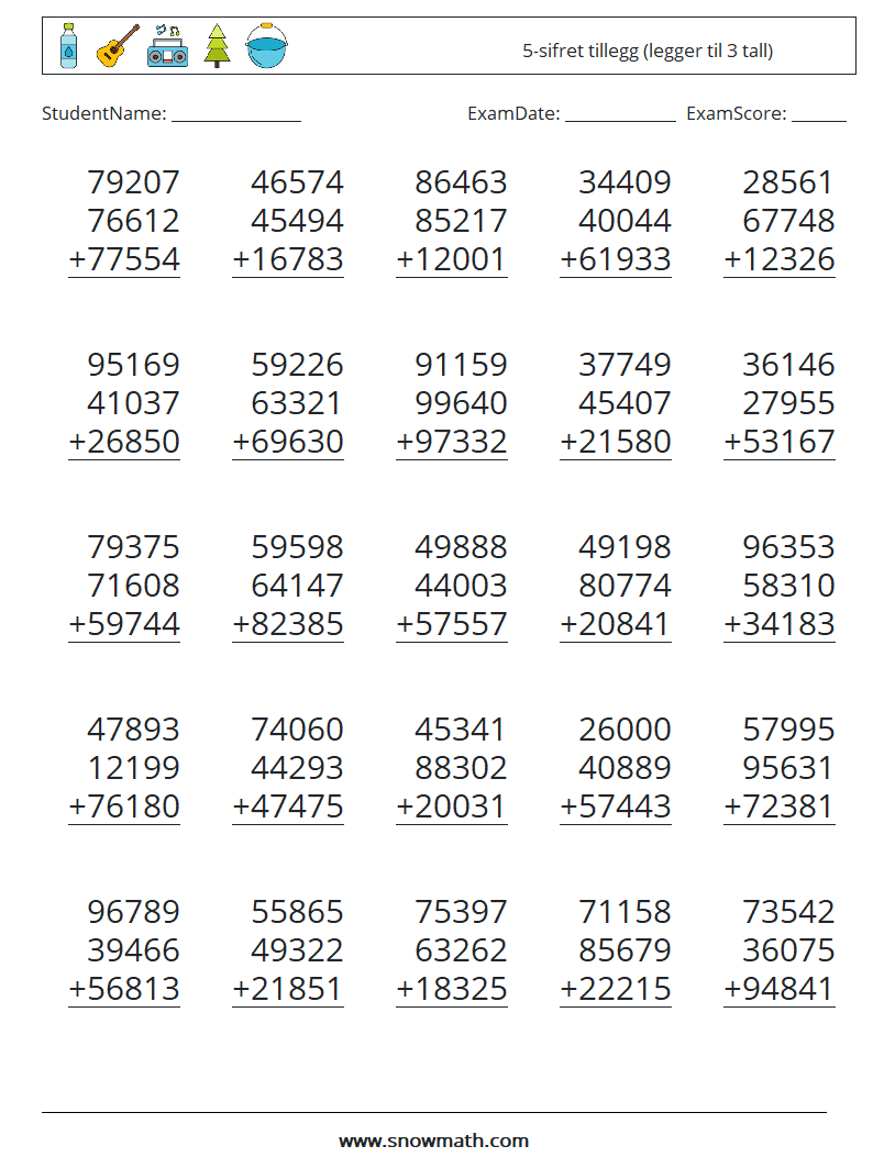 (25) 5-sifret tillegg (legger til 3 tall) MathWorksheets 11