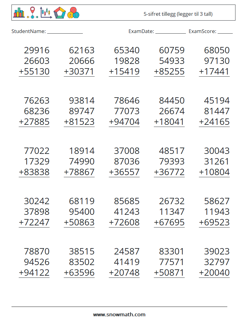 (25) 5-sifret tillegg (legger til 3 tall) MathWorksheets 12
