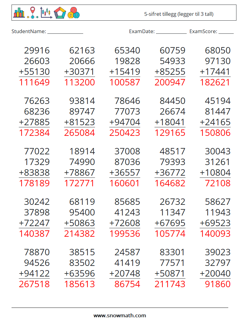 (25) 5-sifret tillegg (legger til 3 tall) MathWorksheets 12 QuestionAnswer