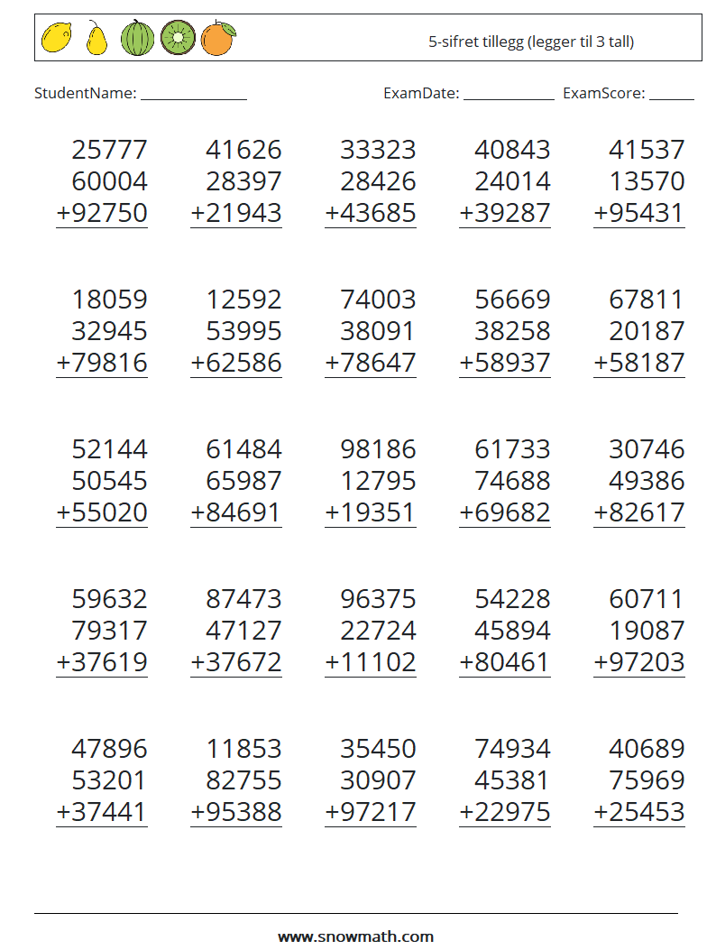 (25) 5-sifret tillegg (legger til 3 tall) MathWorksheets 14