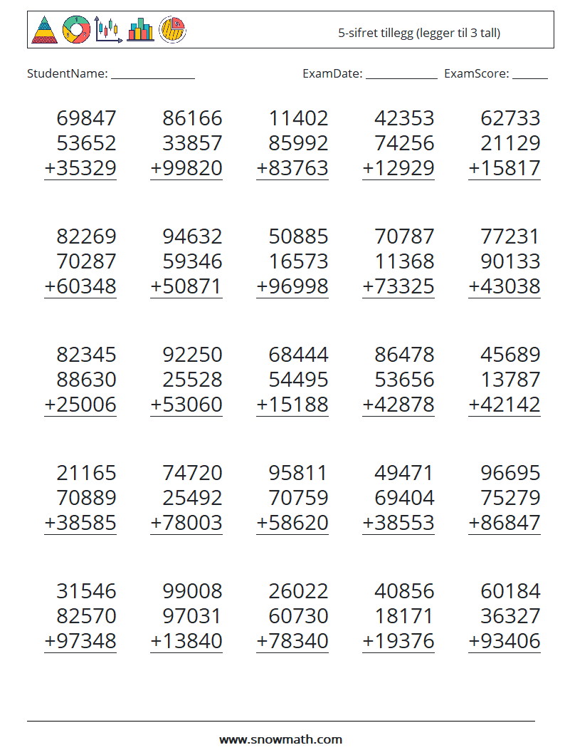 (25) 5-sifret tillegg (legger til 3 tall) MathWorksheets 16