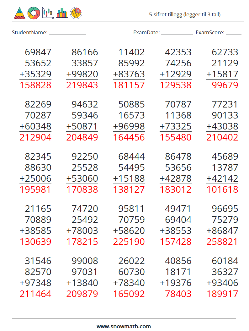 (25) 5-sifret tillegg (legger til 3 tall) MathWorksheets 16 QuestionAnswer