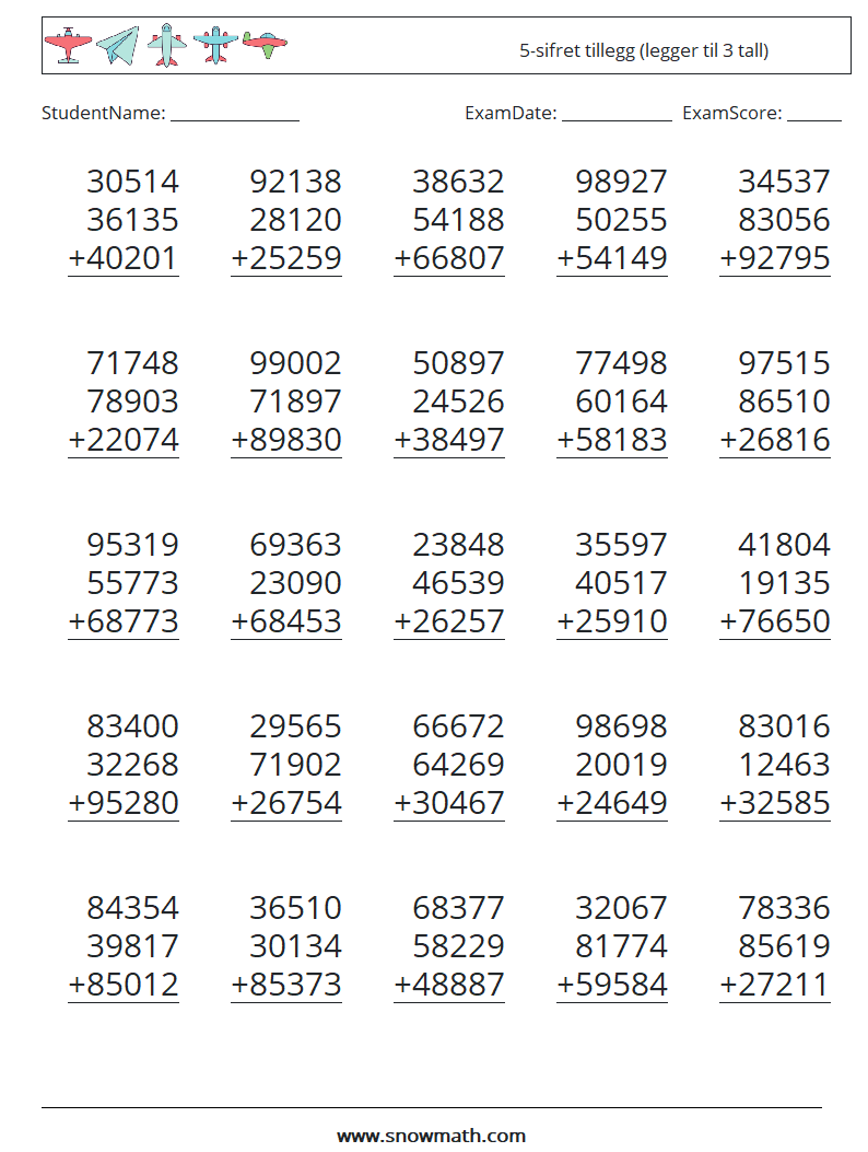 (25) 5-sifret tillegg (legger til 3 tall) MathWorksheets 17