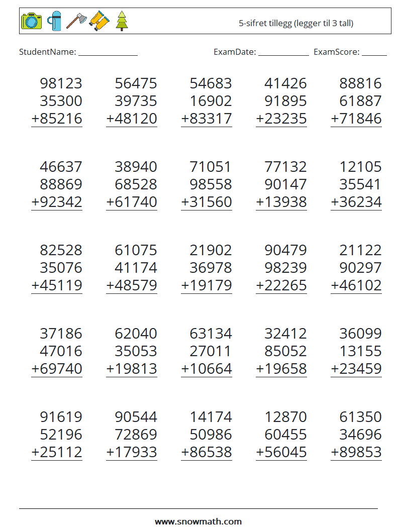 (25) 5-sifret tillegg (legger til 3 tall) MathWorksheets 3