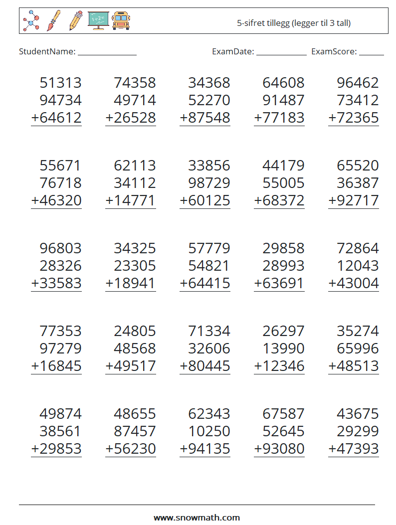 (25) 5-sifret tillegg (legger til 3 tall) MathWorksheets 4
