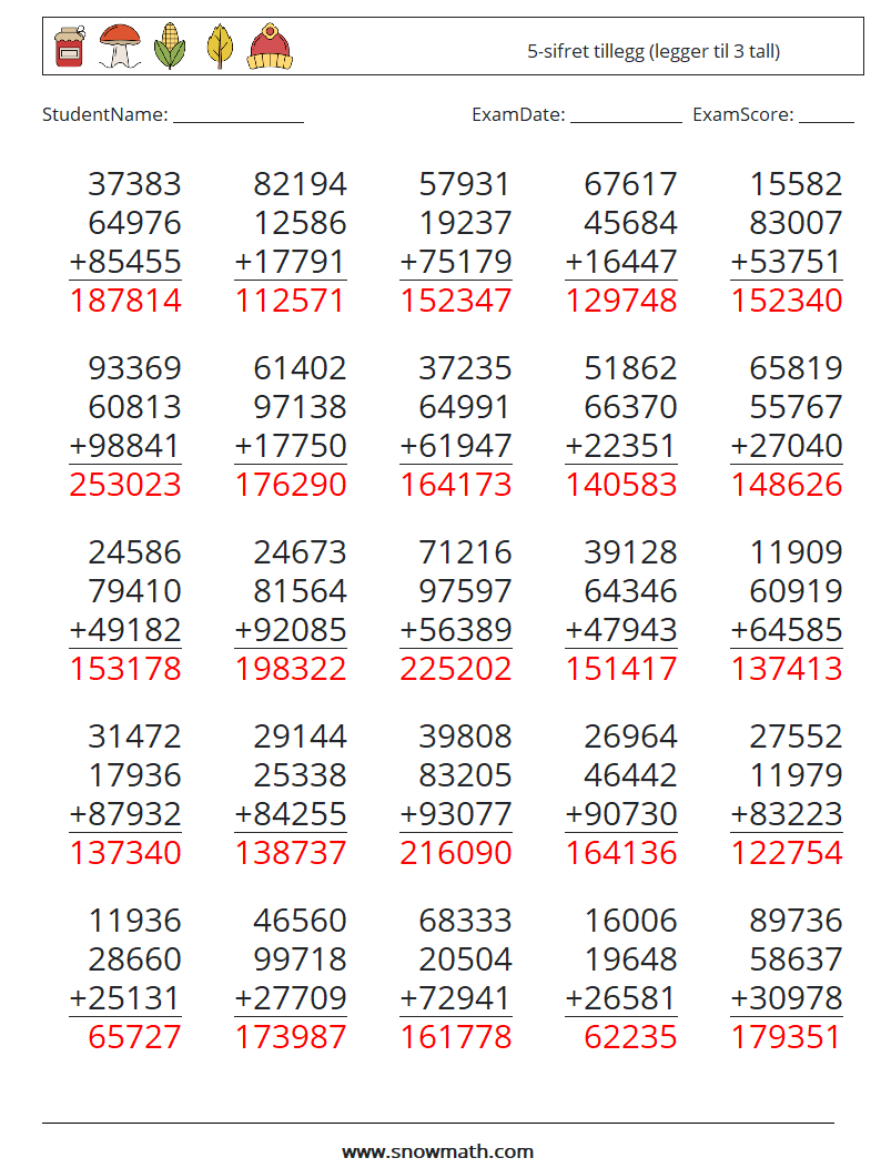 (25) 5-sifret tillegg (legger til 3 tall) MathWorksheets 5 QuestionAnswer