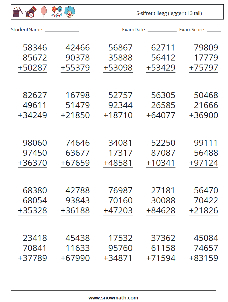 (25) 5-sifret tillegg (legger til 3 tall) MathWorksheets 7