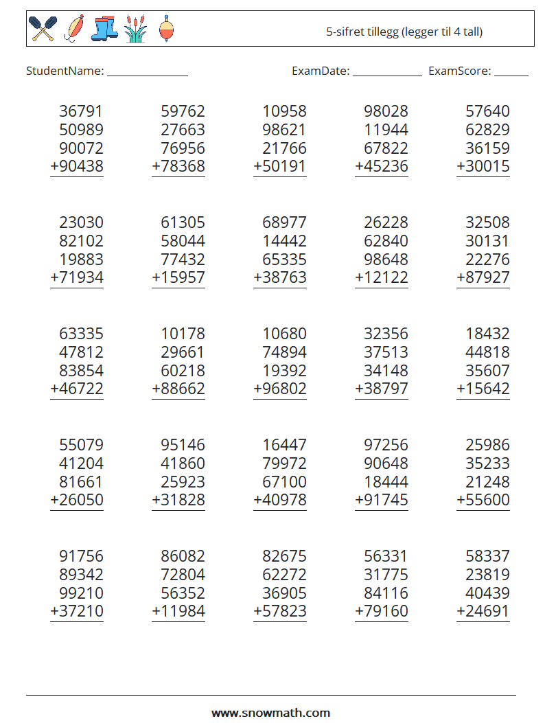 (25) 5-sifret tillegg (legger til 4 tall) MathWorksheets 1