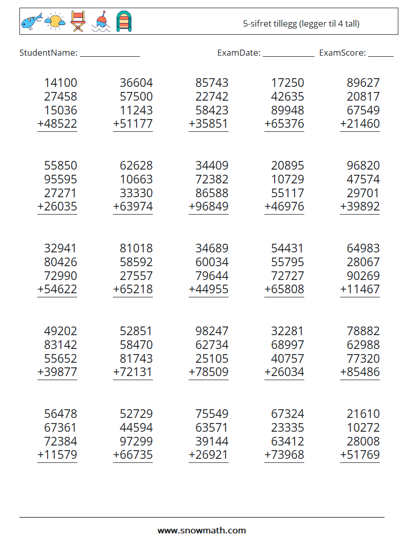 (25) 5-sifret tillegg (legger til 4 tall) MathWorksheets 10