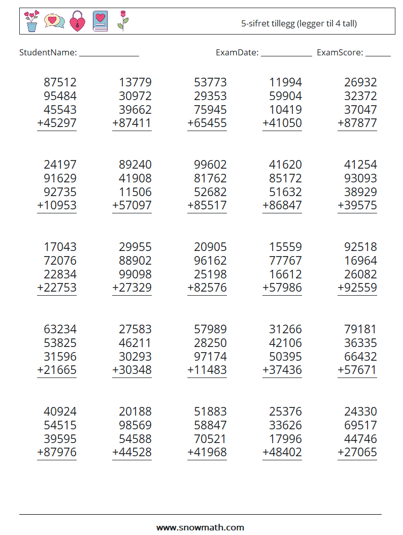 (25) 5-sifret tillegg (legger til 4 tall) MathWorksheets 11