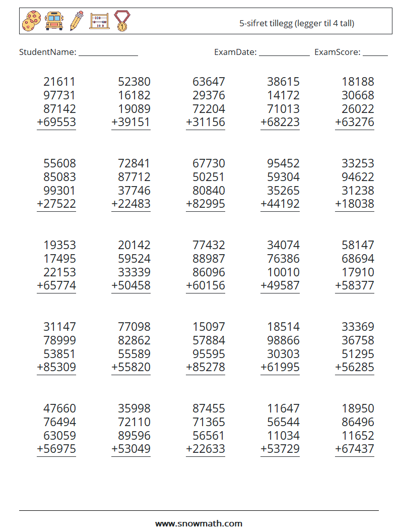 (25) 5-sifret tillegg (legger til 4 tall) MathWorksheets 12