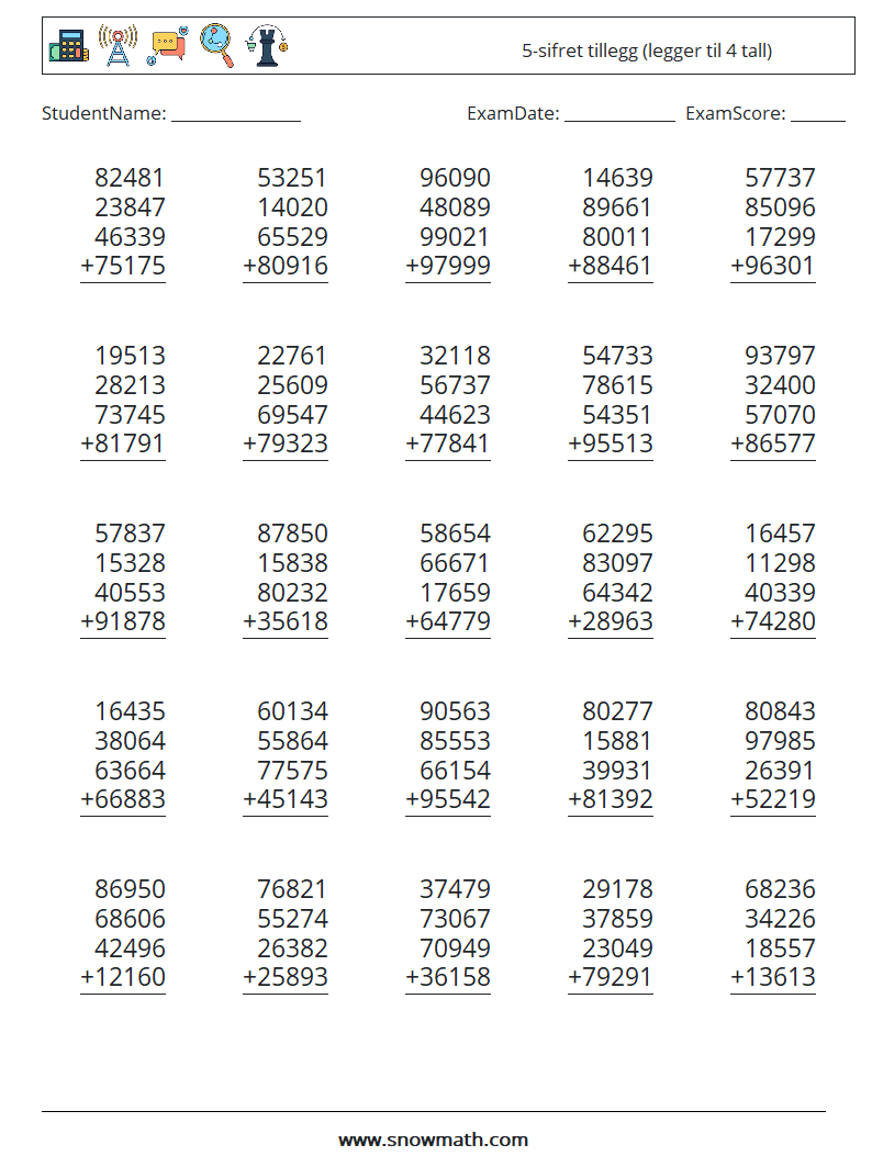 (25) 5-sifret tillegg (legger til 4 tall) MathWorksheets 13