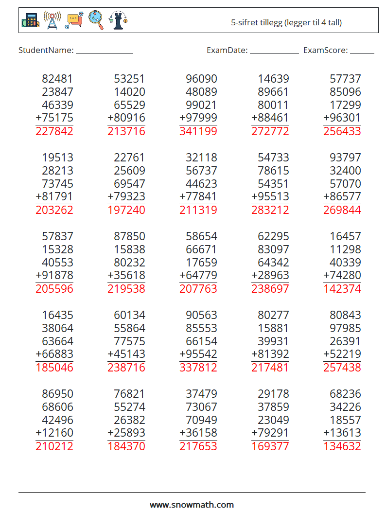(25) 5-sifret tillegg (legger til 4 tall) MathWorksheets 13 QuestionAnswer