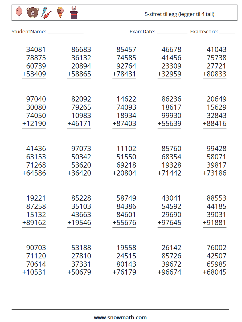(25) 5-sifret tillegg (legger til 4 tall) MathWorksheets 14