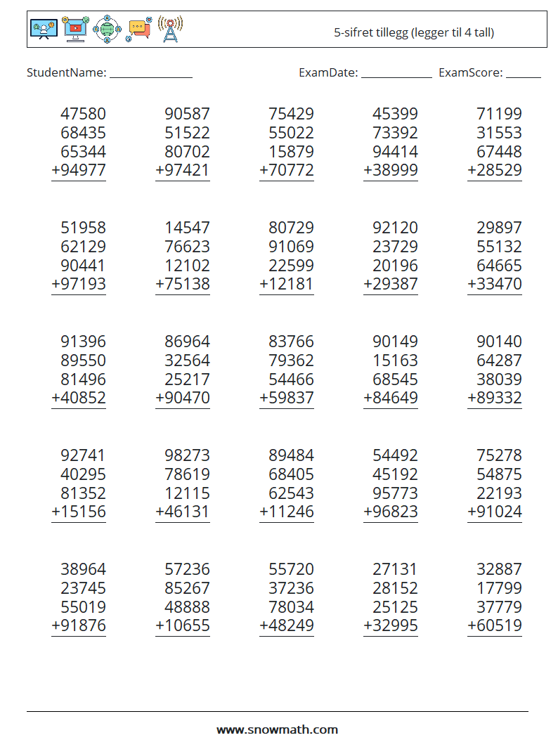 (25) 5-sifret tillegg (legger til 4 tall) MathWorksheets 15