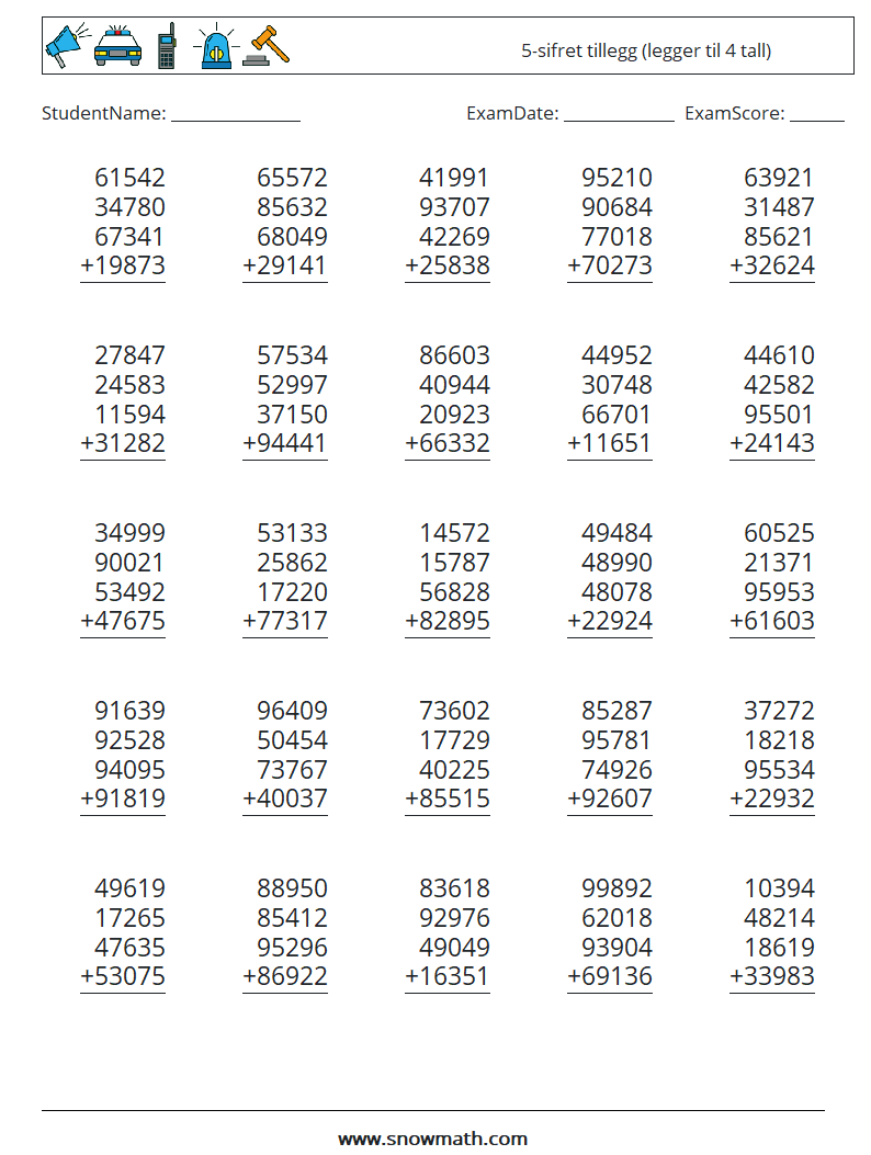 (25) 5-sifret tillegg (legger til 4 tall) MathWorksheets 16