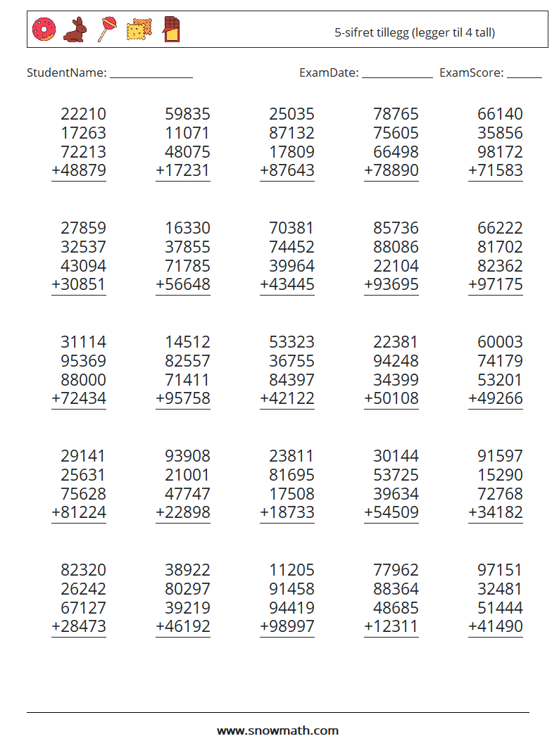 (25) 5-sifret tillegg (legger til 4 tall) MathWorksheets 17
