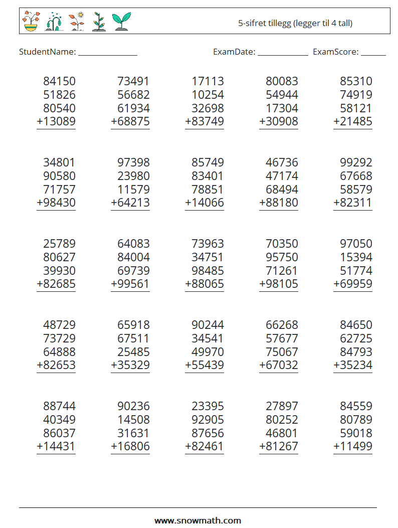 (25) 5-sifret tillegg (legger til 4 tall) MathWorksheets 18