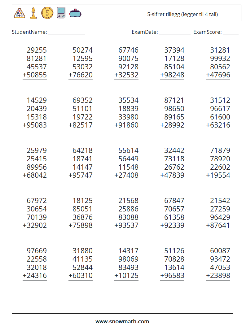 (25) 5-sifret tillegg (legger til 4 tall) MathWorksheets 2