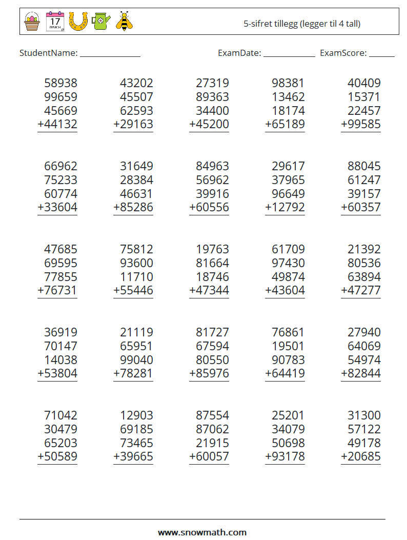 (25) 5-sifret tillegg (legger til 4 tall) MathWorksheets 3