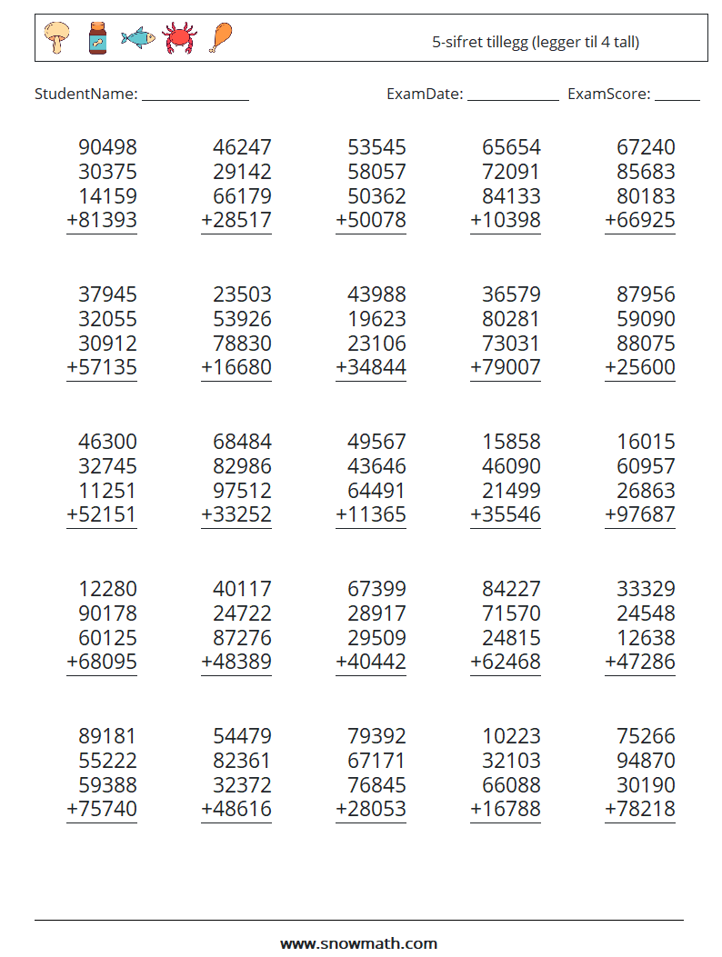 (25) 5-sifret tillegg (legger til 4 tall) MathWorksheets 4