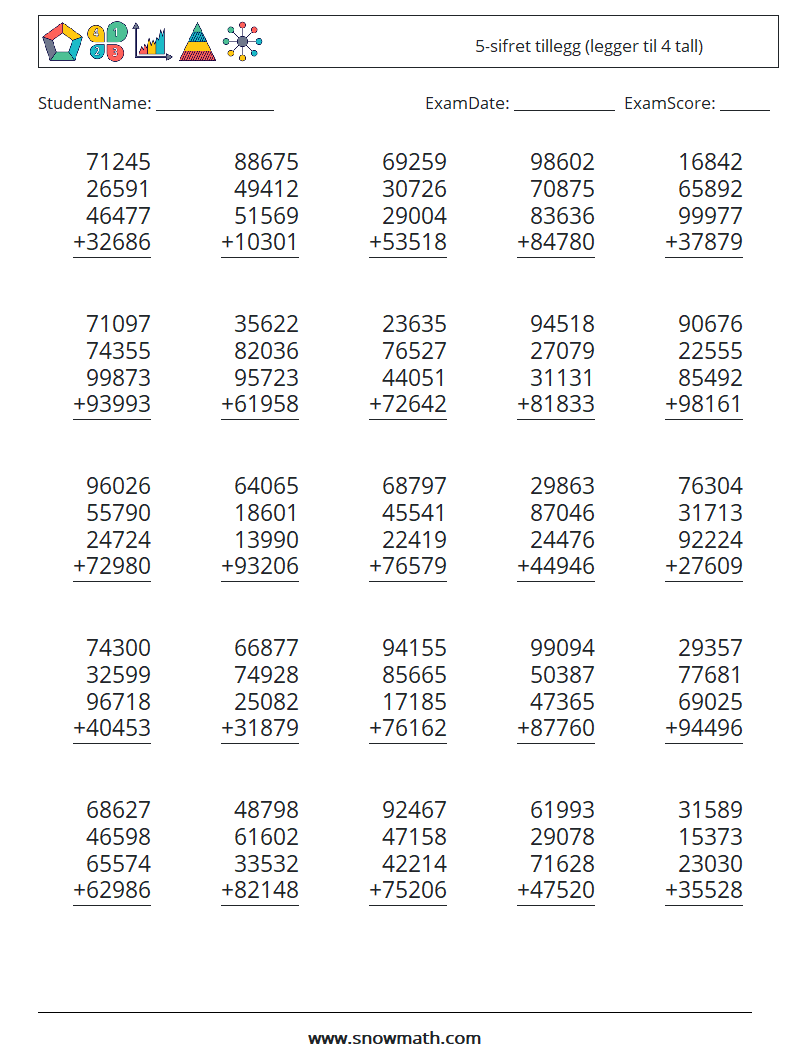 (25) 5-sifret tillegg (legger til 4 tall) MathWorksheets 6