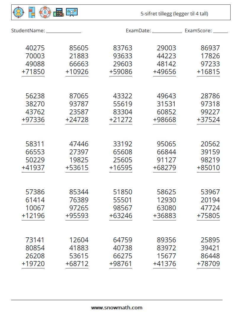 (25) 5-sifret tillegg (legger til 4 tall) MathWorksheets 8