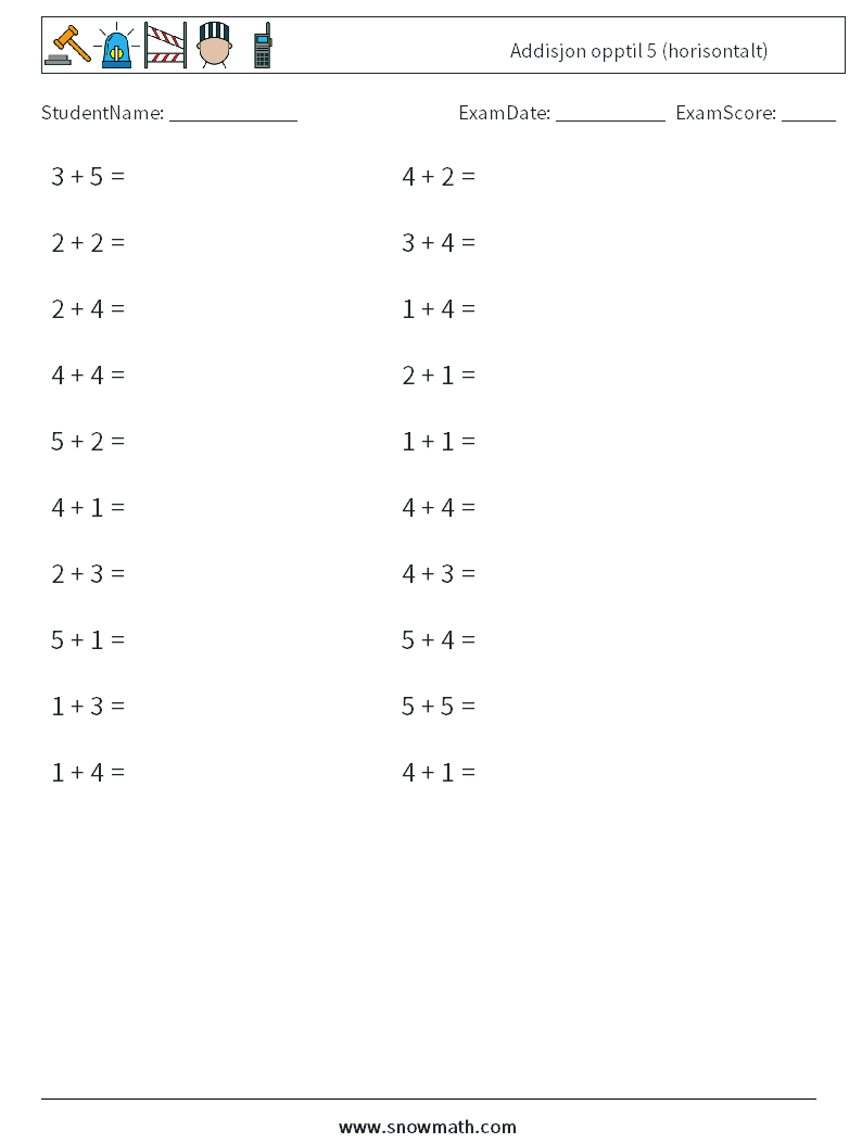 (20) Addisjon opptil 5 (horisontalt) MathWorksheets 1