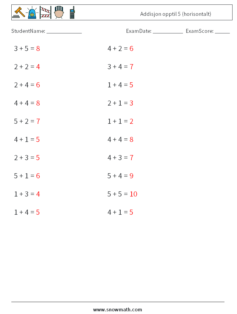 (20) Addisjon opptil 5 (horisontalt) MathWorksheets 1 QuestionAnswer