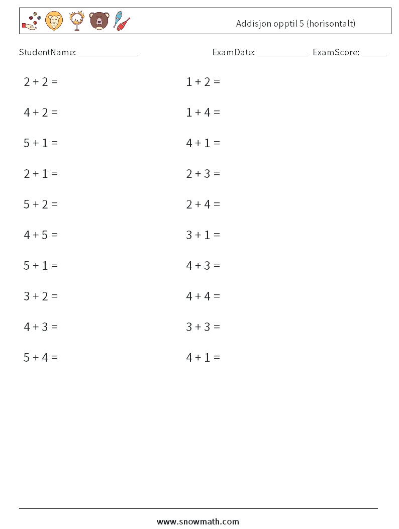 (20) Addisjon opptil 5 (horisontalt) MathWorksheets 2
