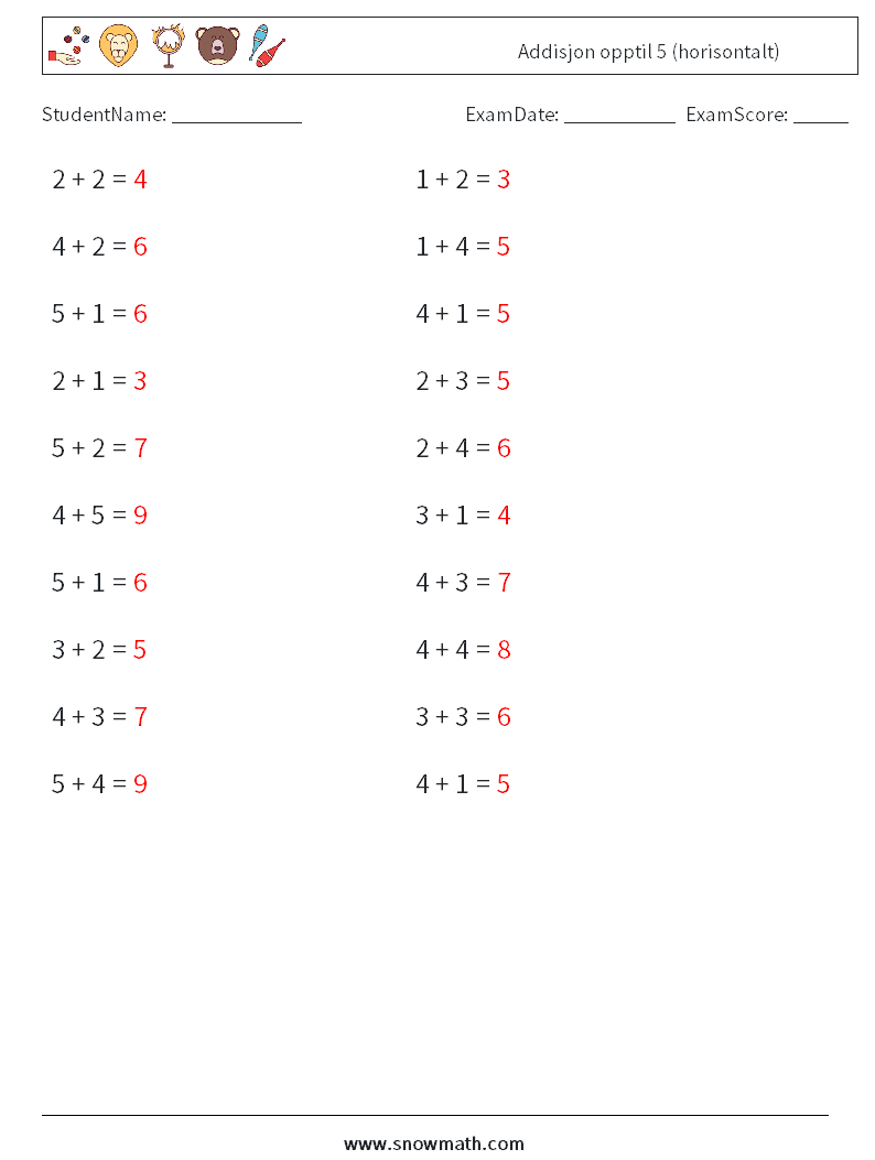 (20) Addisjon opptil 5 (horisontalt) MathWorksheets 2 QuestionAnswer