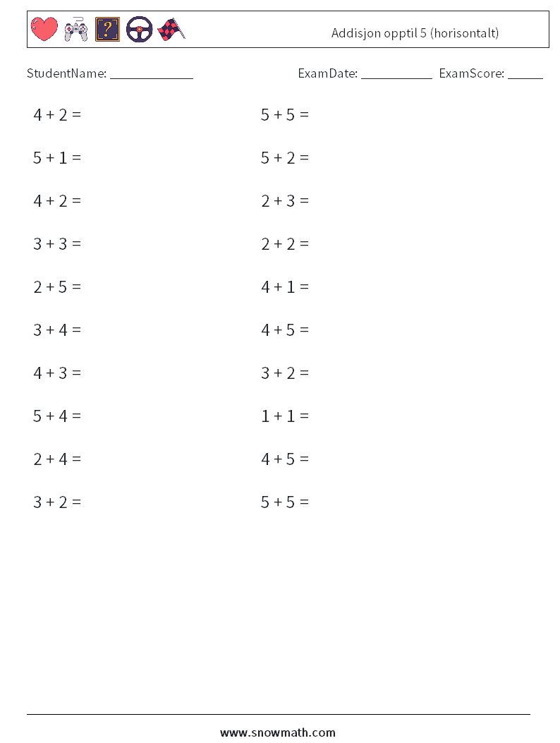 (20) Addisjon opptil 5 (horisontalt) MathWorksheets 3