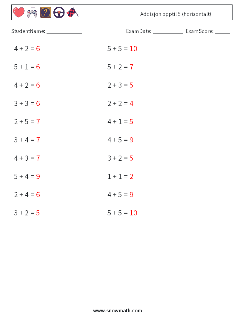 (20) Addisjon opptil 5 (horisontalt) MathWorksheets 3 QuestionAnswer