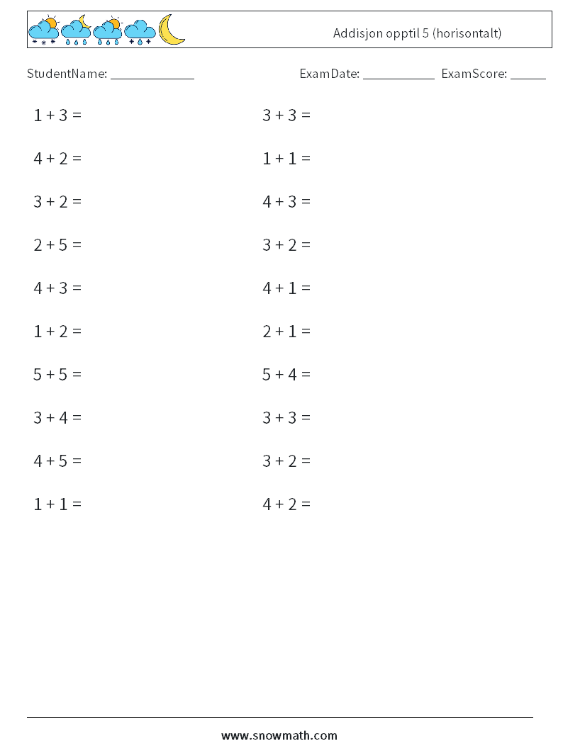(20) Addisjon opptil 5 (horisontalt) MathWorksheets 4