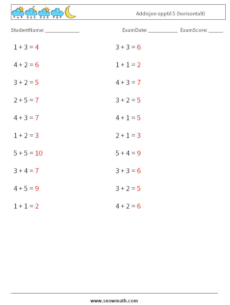 (20) Addisjon opptil 5 (horisontalt) MathWorksheets 4 QuestionAnswer