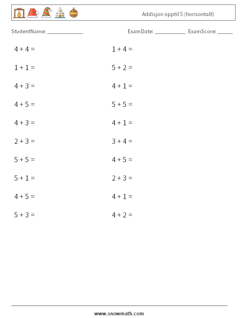 (20) Addisjon opptil 5 (horisontalt) MathWorksheets 5